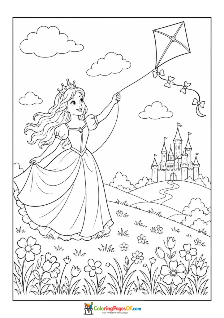 Princess flying a kite in a meadow in front of a castle coloring page