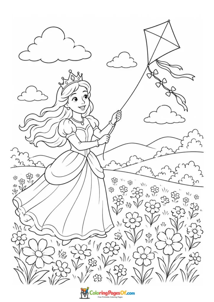 Princess flying a kite in a flower meadow near a castle coloring page