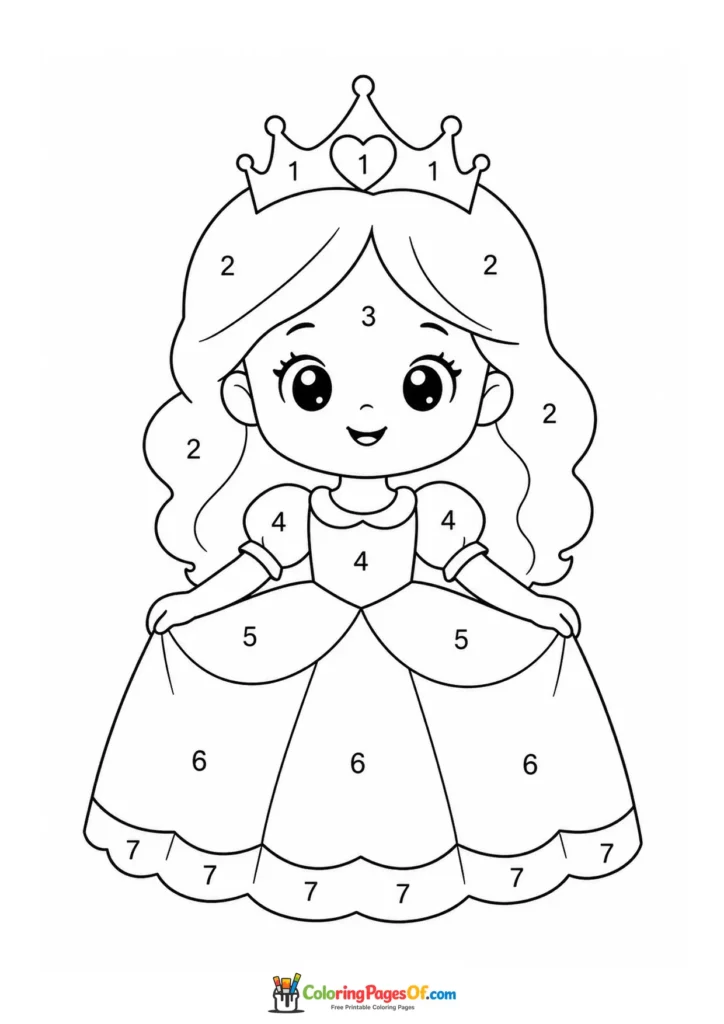 Princess holding the skirt of her ball gown color by number activity