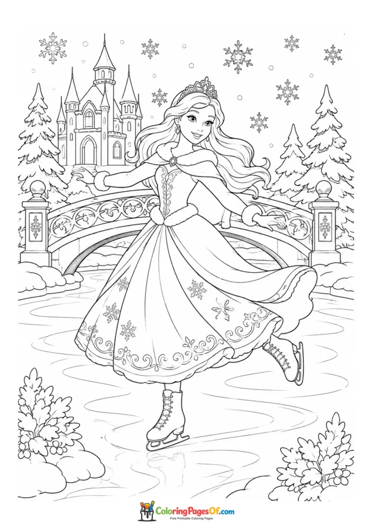 Princess ice skating near a snowy castle coloring page