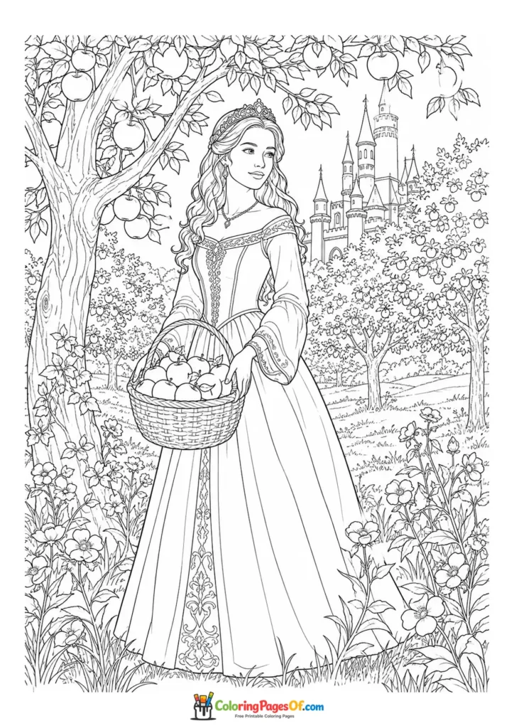 Princess carrying a basket of apples in a castle orchard coloring page