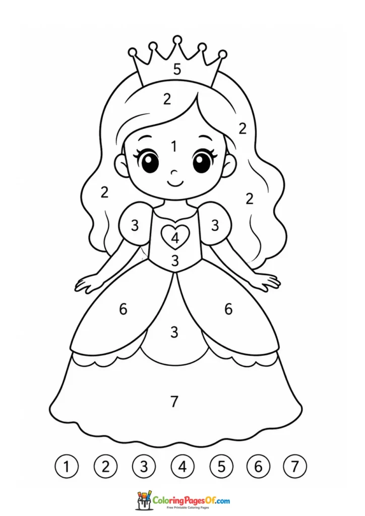 Princess in a full ball gown color by number activity