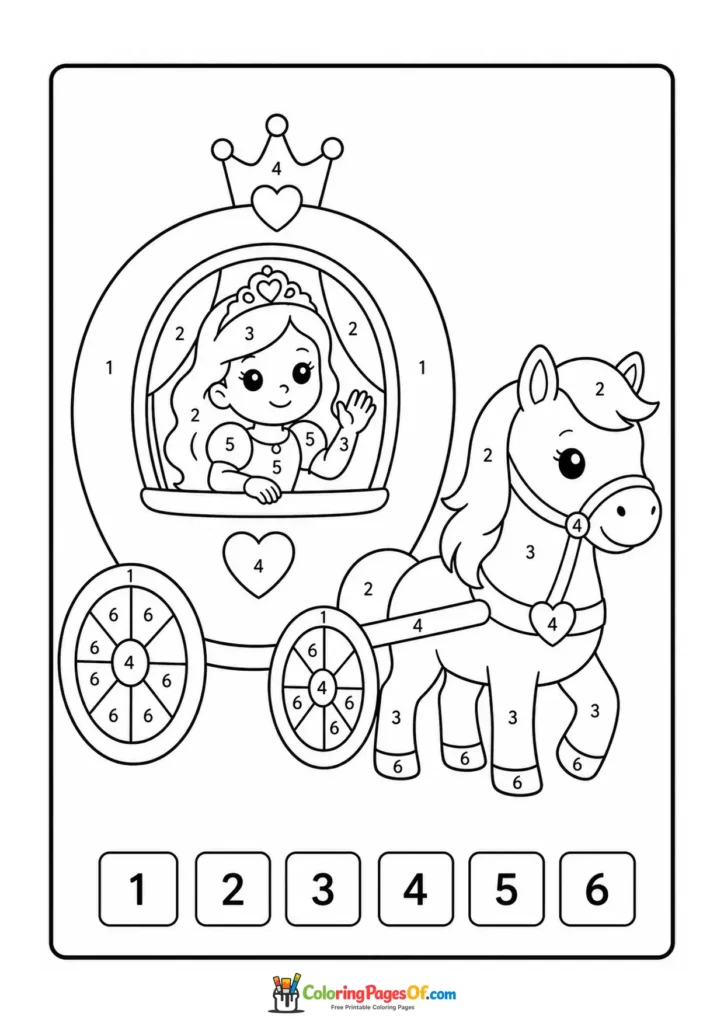 Princess riding in a horse-drawn carriage color by number activity