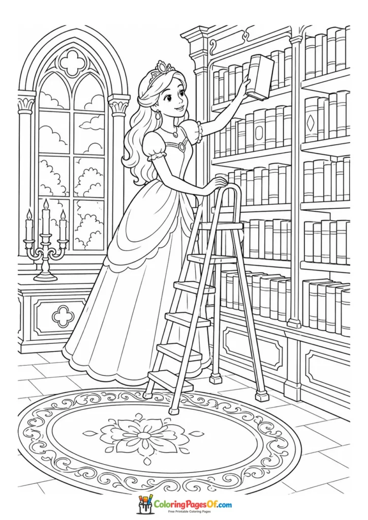 Princess reaching for a book in a castle library coloring page
