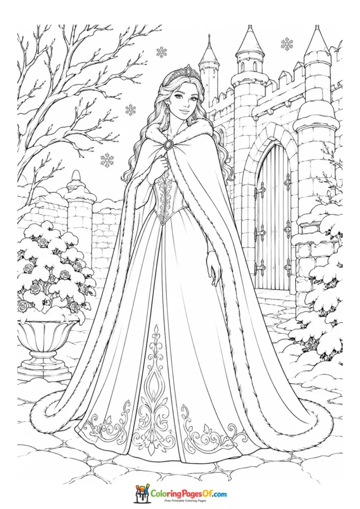 Princess wearing a cloak at a castle gate coloring page