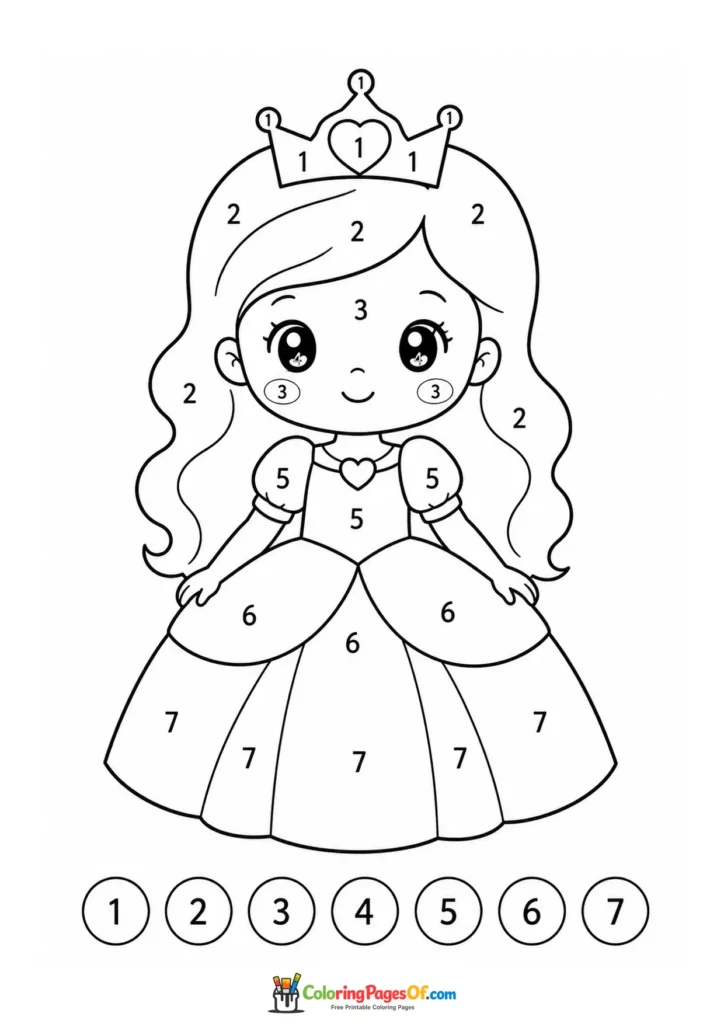 Princess in a decorated ball gown color by number activity