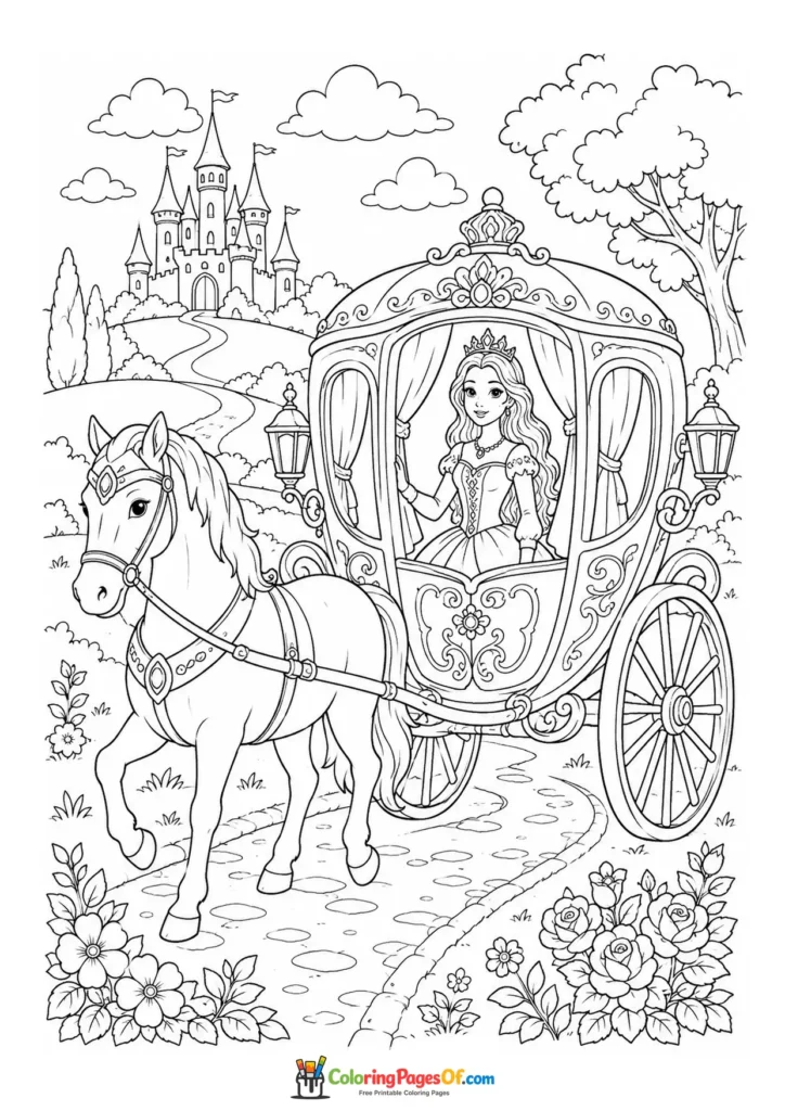 Princess riding in an ornate horse-drawn carriage near a castle coloring page
