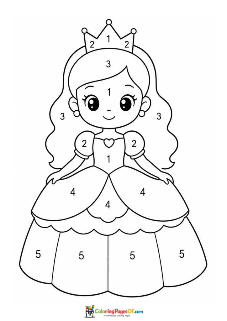 Princess in a layered ball gown color by number activity