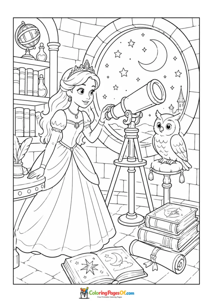 Princess studying the night sky through a telescope with an owl coloring page