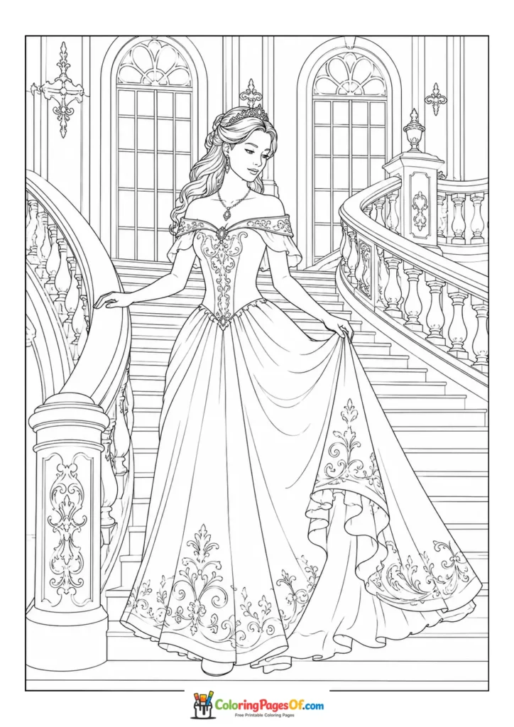 Princess standing on a grand ornate castle staircase coloring page