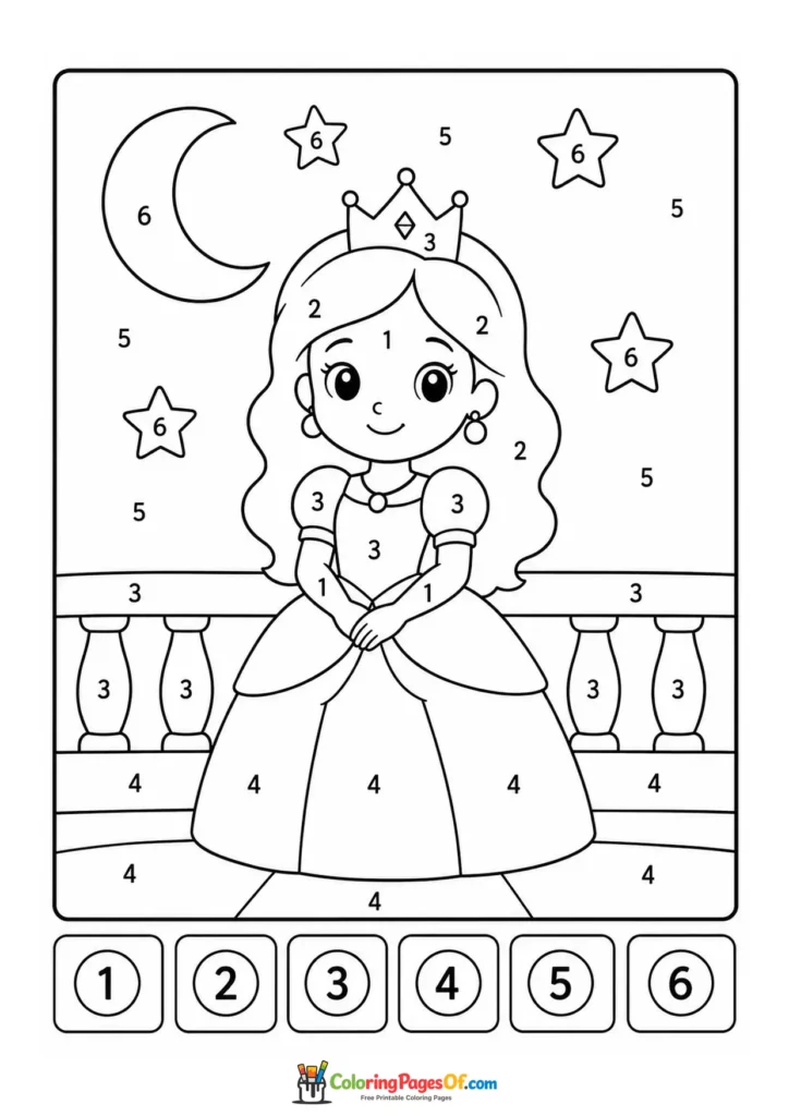 Princess standing on a castle balcony at night color by number activity