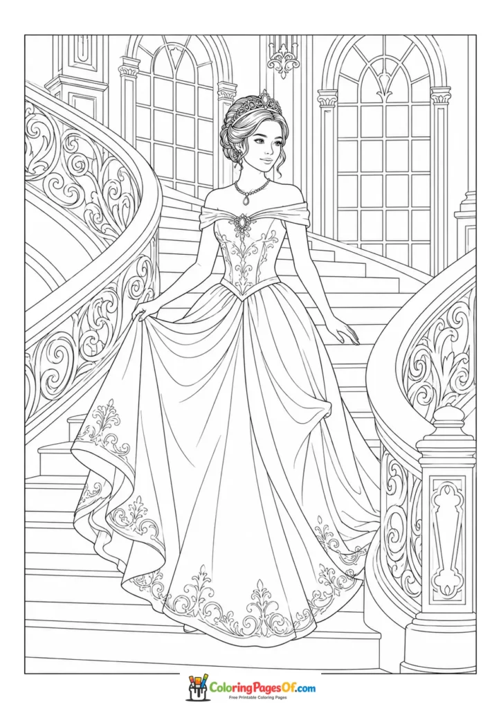 Princess standing on an ornate castle staircase coloring page