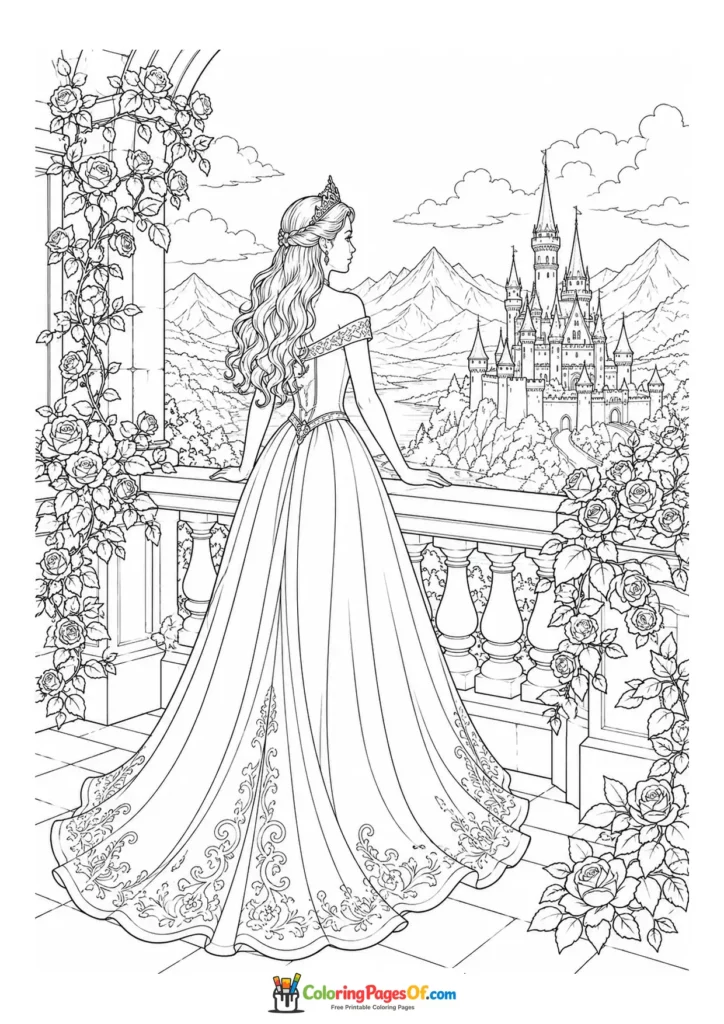Princess standing on a castle balcony decorated with roses coloring page