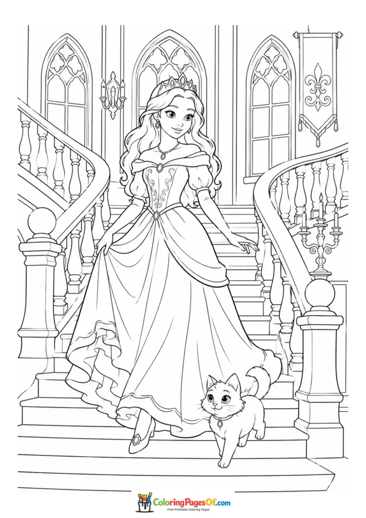 Princess walking down castle stairs with a cat coloring page