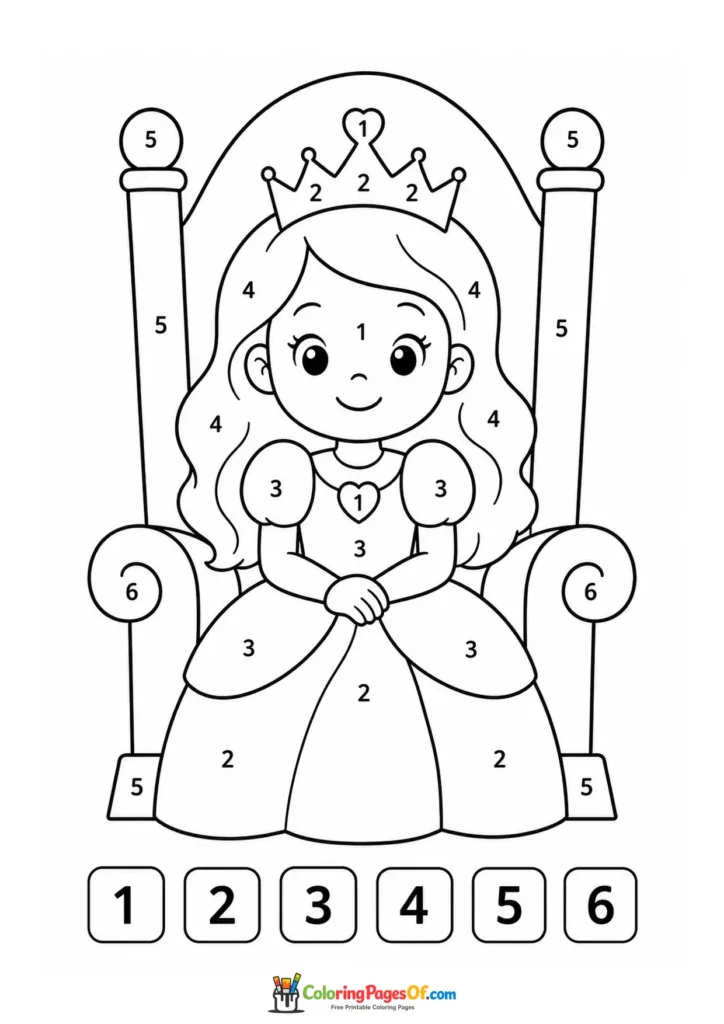 Princess sitting on a throne color by number activity