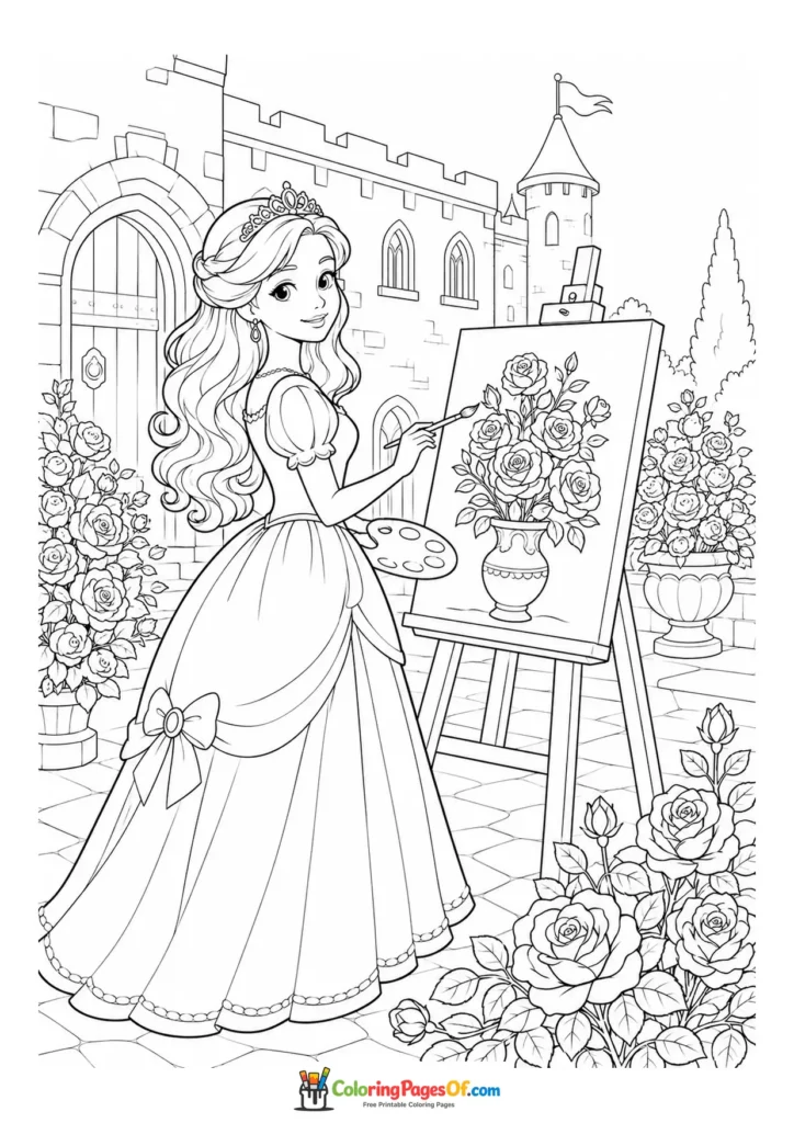 Princess painting a vase of flowers in a castle garden coloring page