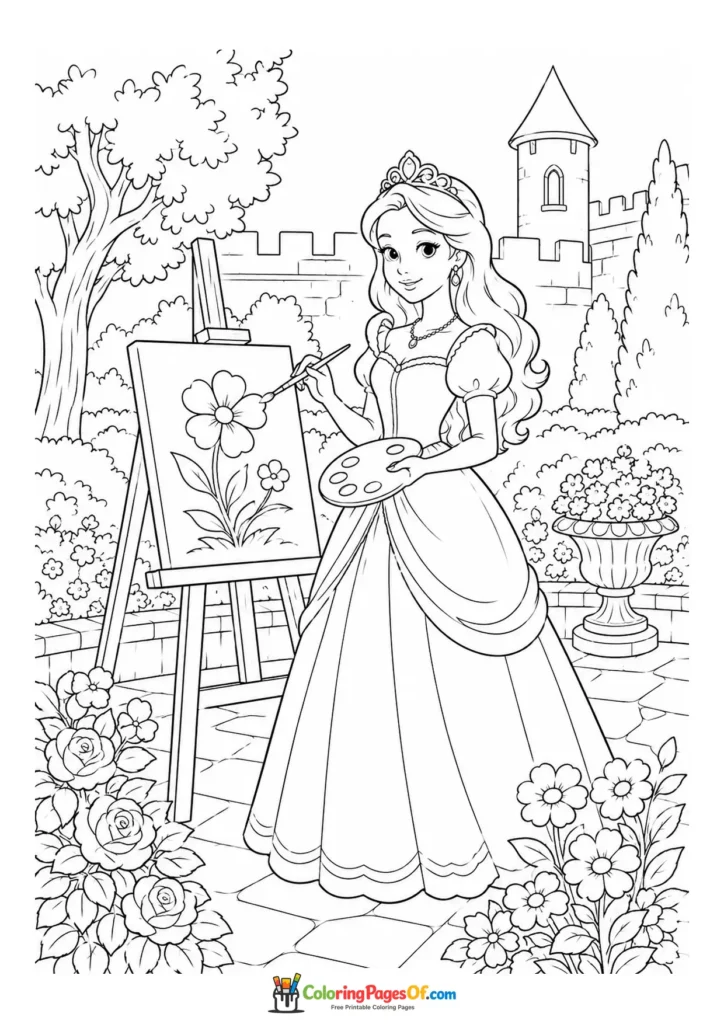 Princess painting flowers in a castle garden coloring page