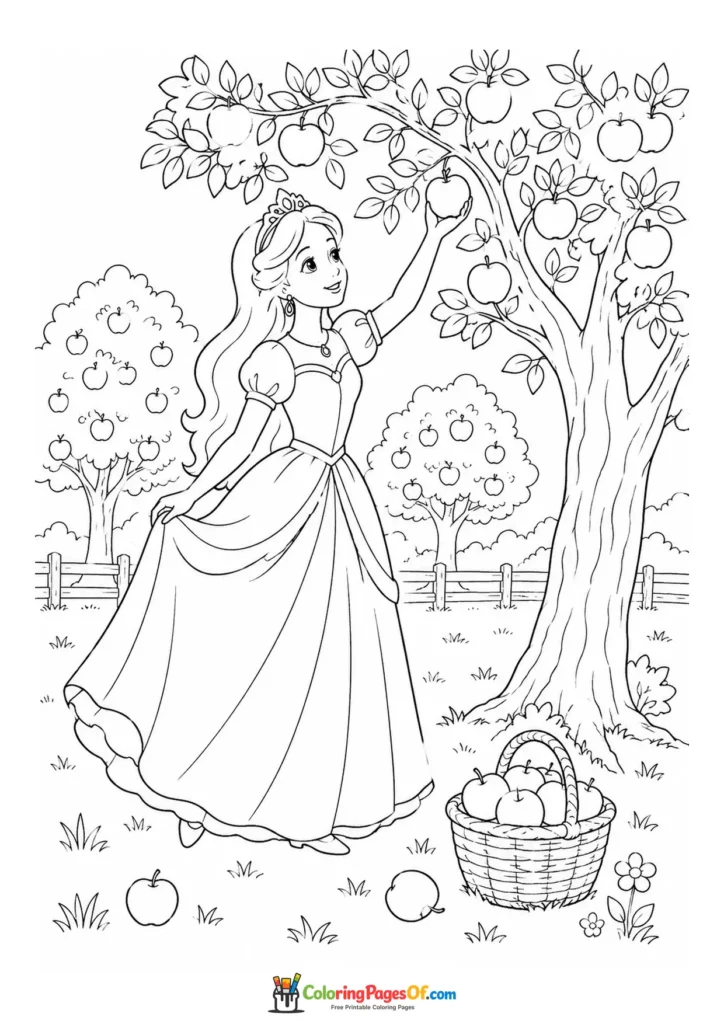 Princess picking apples from a tree into a basket coloring page