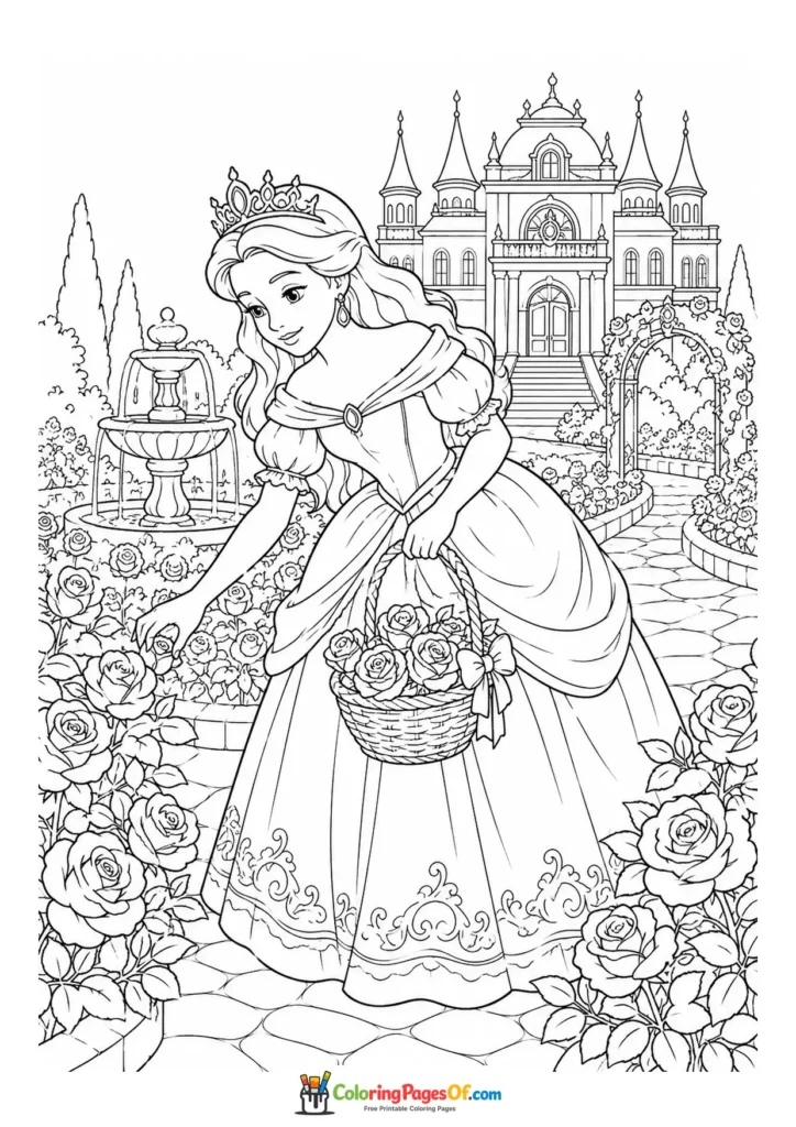 Princess picking roses into a basket in a castle garden coloring page