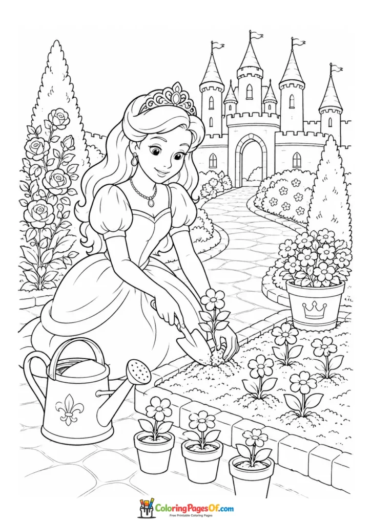 Princess planting flowers in pots in a castle garden coloring page