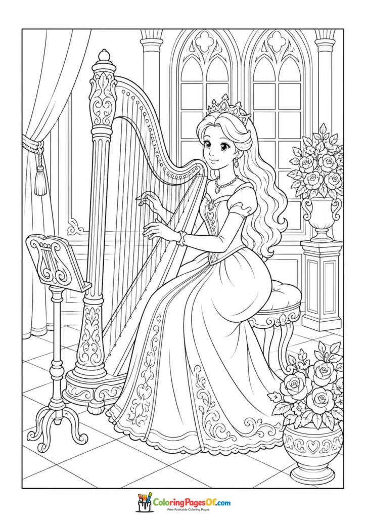 Princess playing a harp in a palace hall coloring page