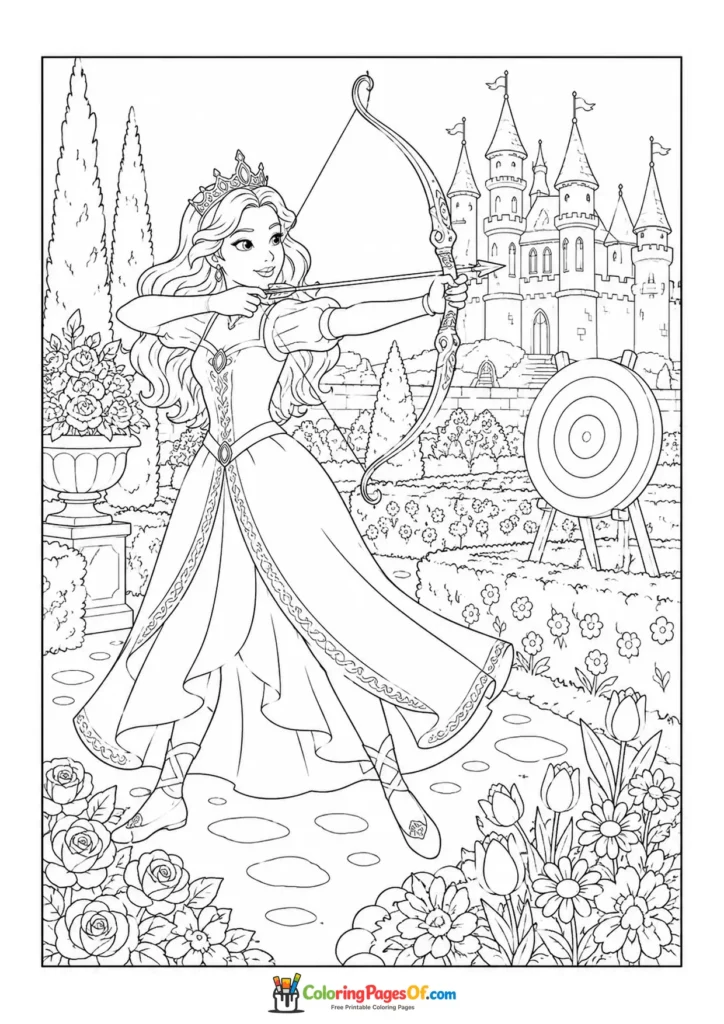 Princess practicing archery in a castle courtyard coloring page