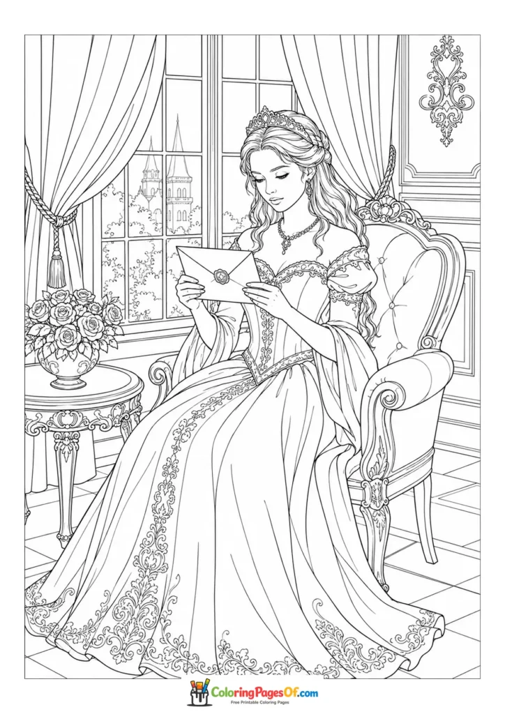 Princess reading a letter in an ornate palace room coloring page
