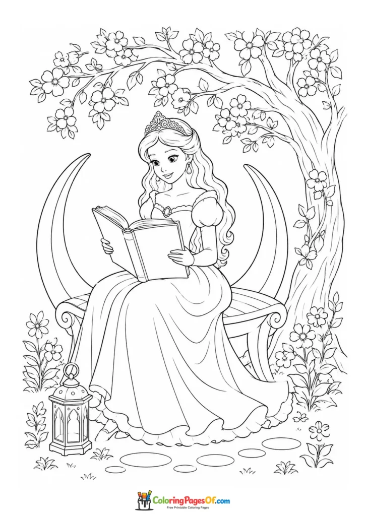 Princess reading a book beneath a flowering tree beside a crescent moon coloring page