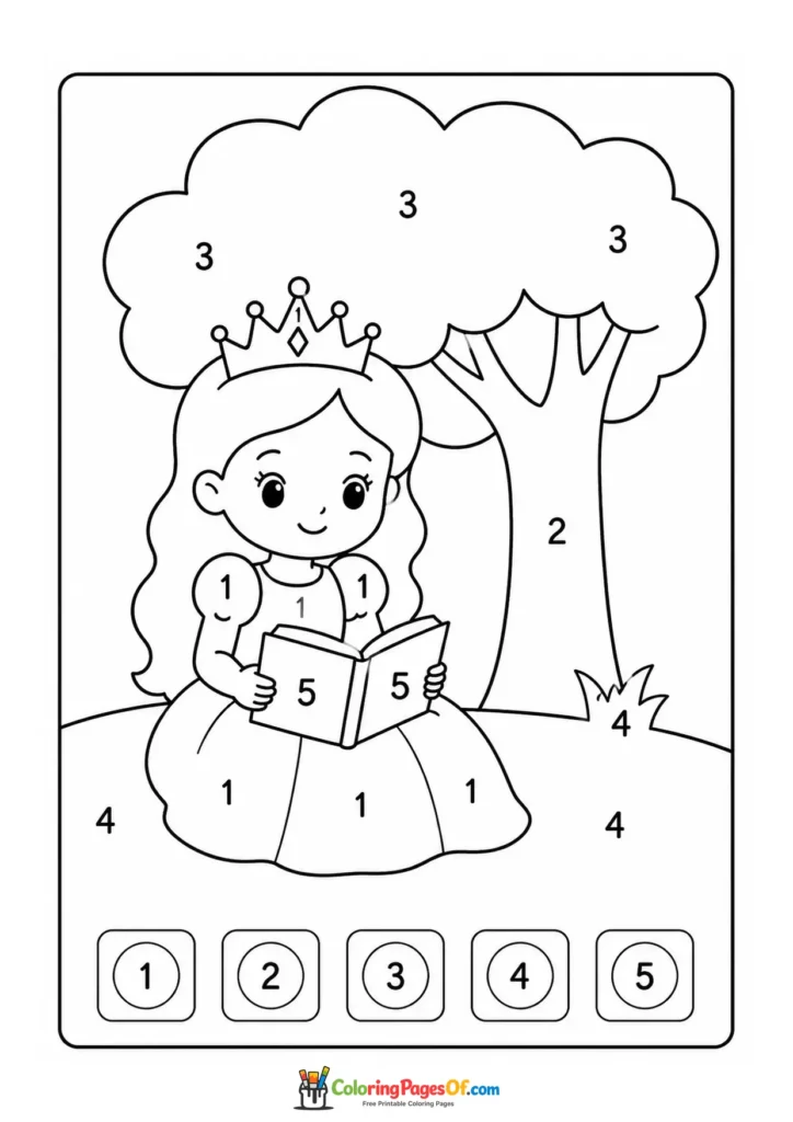 Princess reading a book under a tree color by number activity