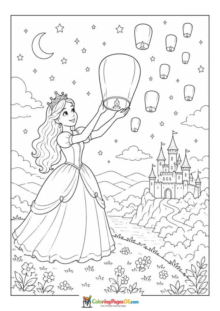Princess releasing a sky lantern into the night sky near a castle coloring page
