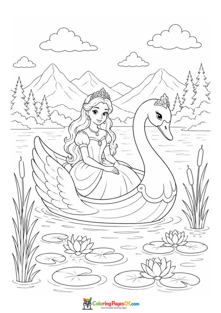 Princess riding a swan-shaped boat on a lake coloring page