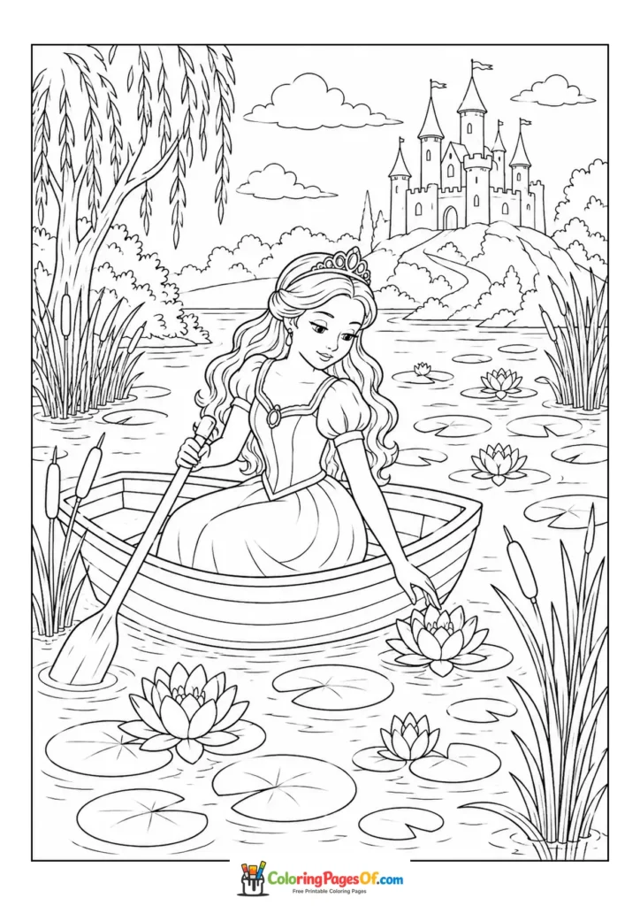 Princess rowing a boat among water lilies on a castle lake coloring page