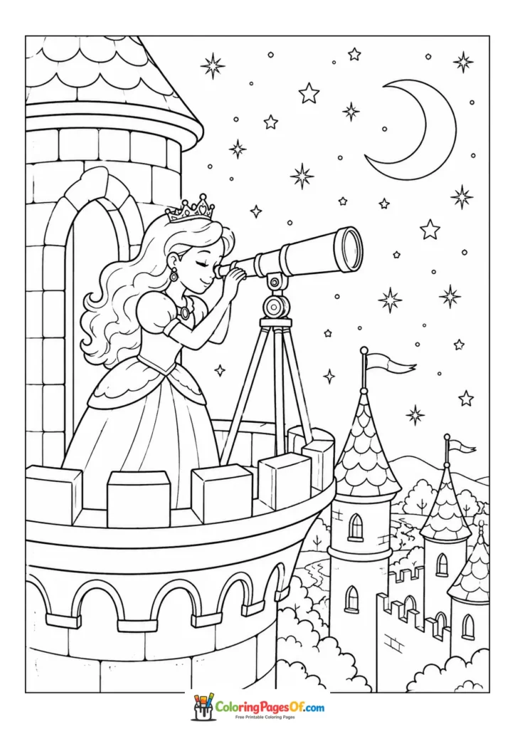 Princess looking at the stars through a telescope from a castle tower coloring page