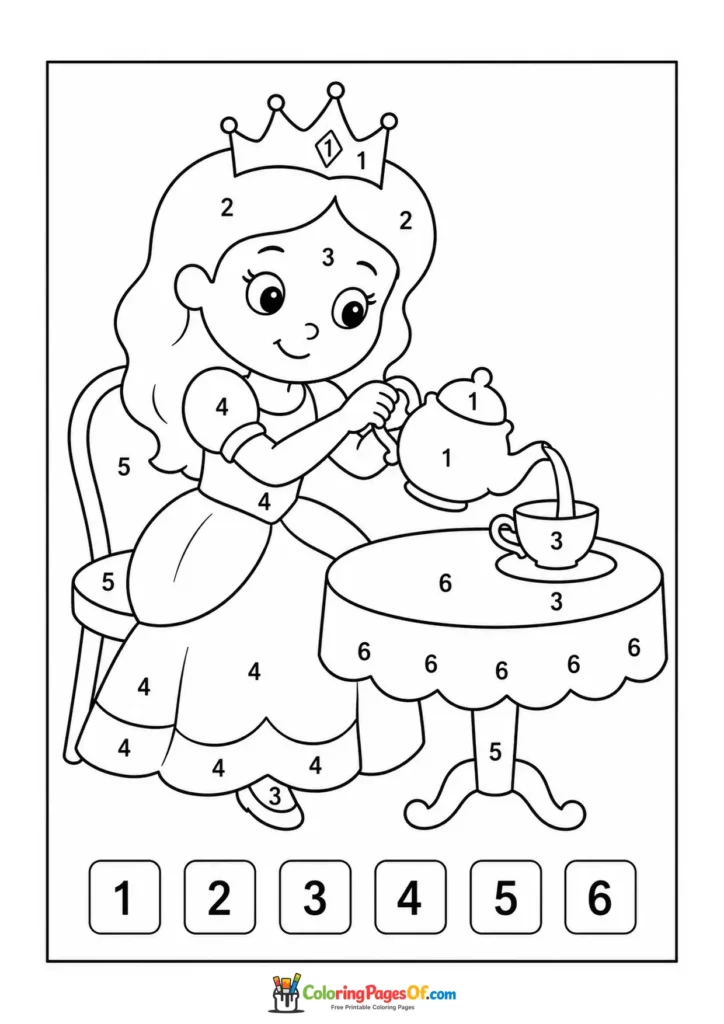 Princess pouring tea at a garden table color by number activity