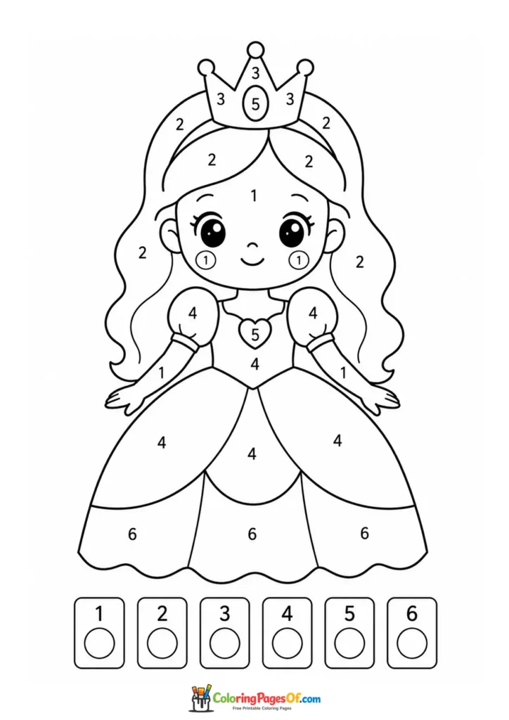 Princess wearing a crown color by number activity