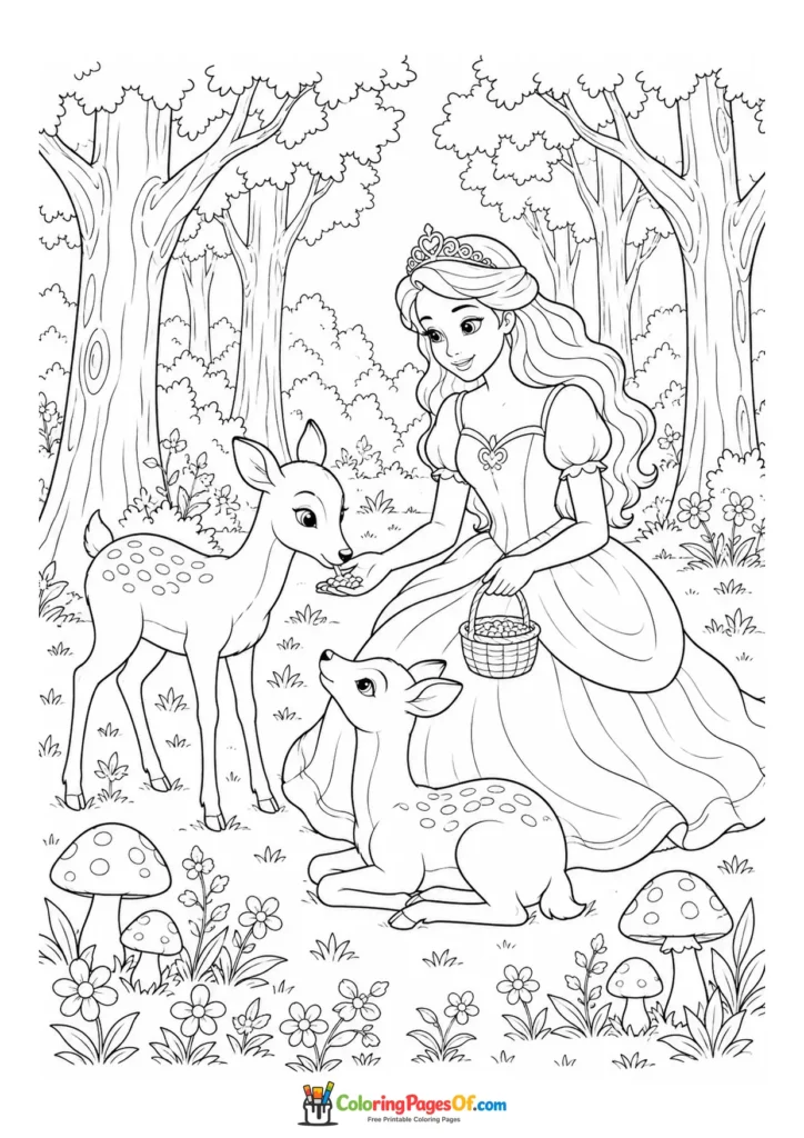 Princess feeding two deer in a forest coloring page