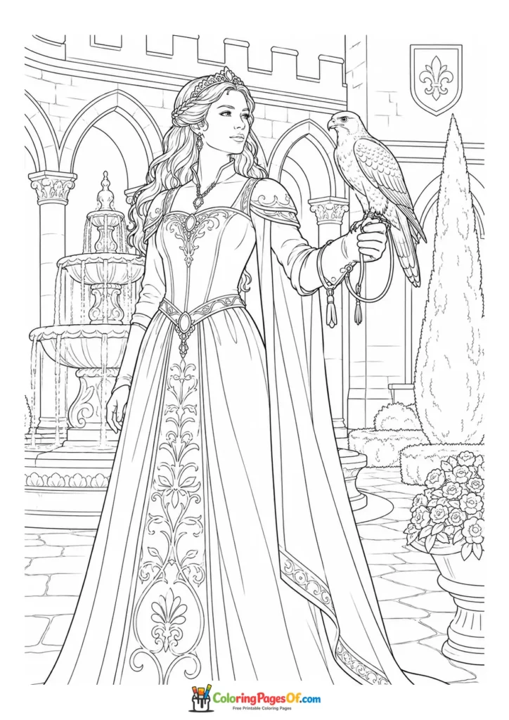 Princess holding a falcon on her arm in a castle courtyard coloring page