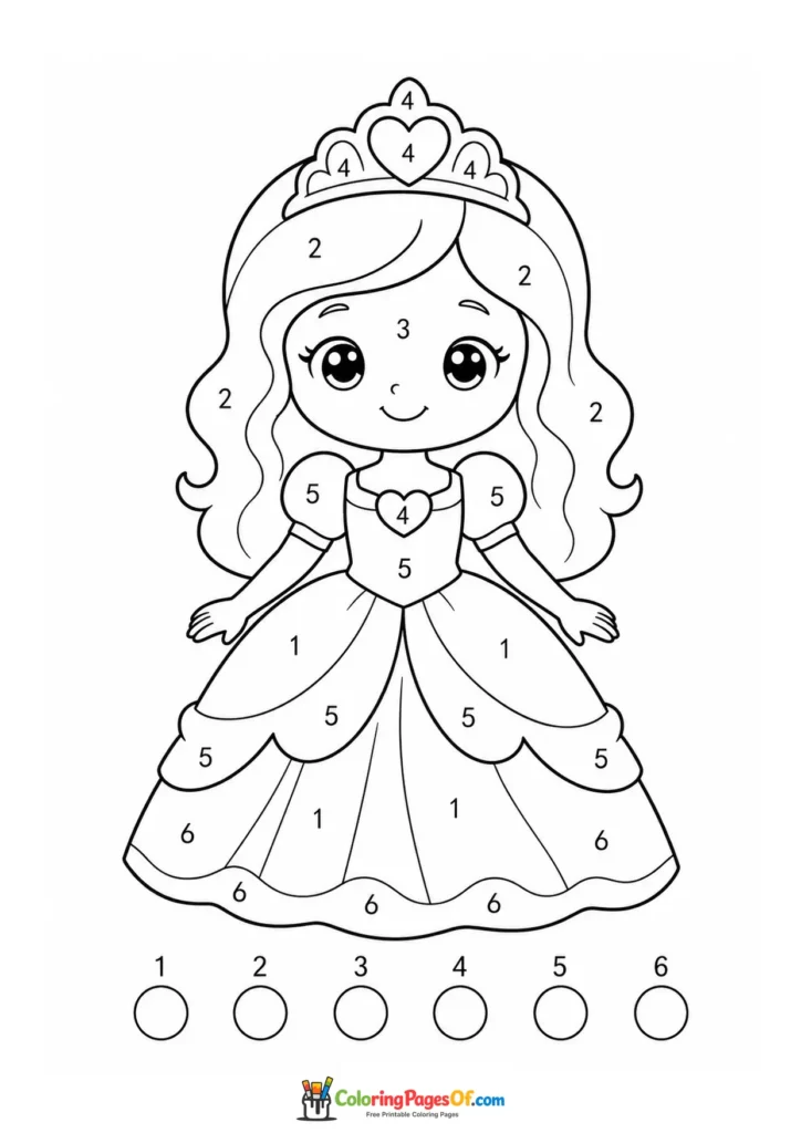 Princess wearing a jewel-decorated tiara color by number activity