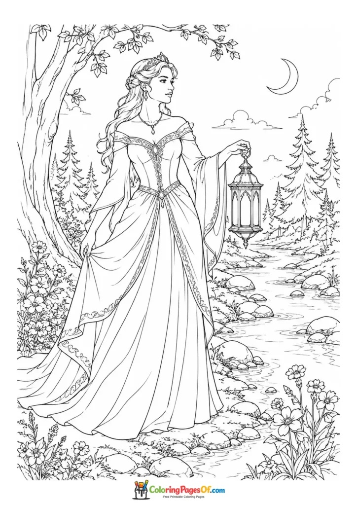 Princess walking with a lantern in a moonlit forest coloring page
