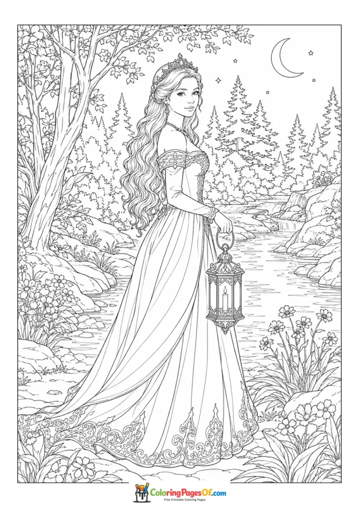 Princess walking with a lantern along a moonlit forest path coloring page