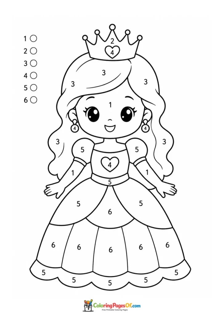 Princess with a numbered coloring key color by number activity