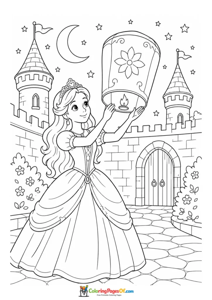 Princess holding a sky lantern in a castle courtyard at night coloring page