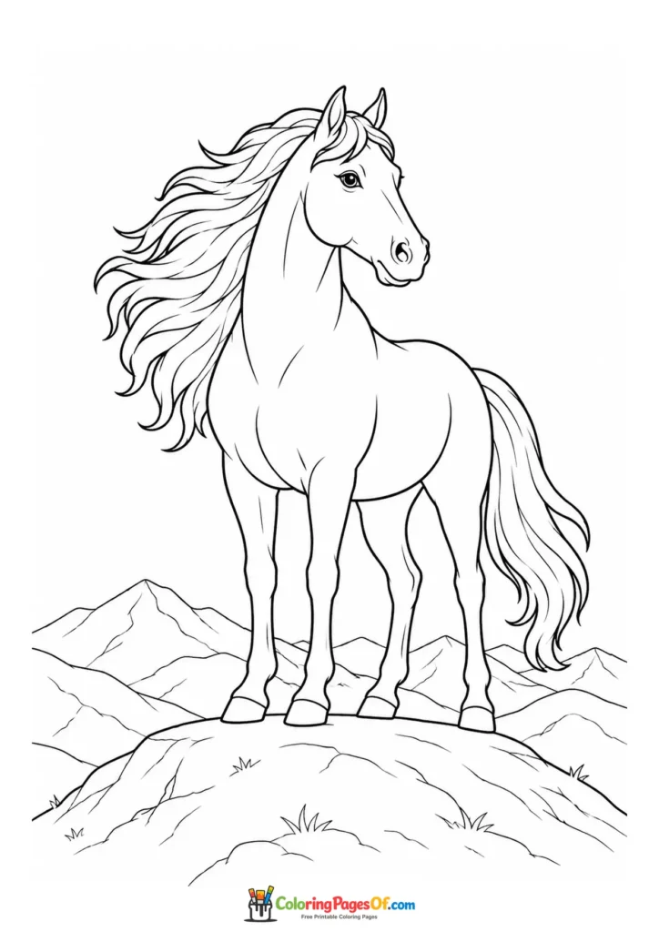Proud horse in a mountain landscape coloring page