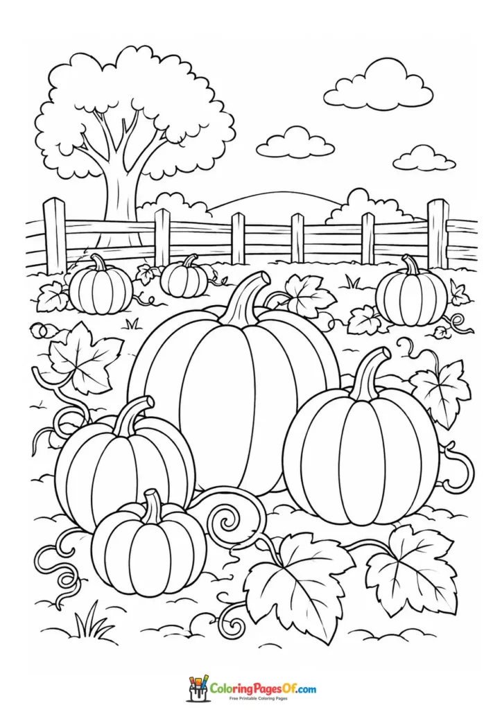 Fall coloring page featuring autumn pumpkin patch