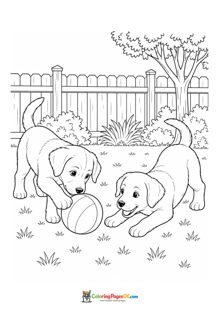 Puppies playing with a ball in the yard coloring page
