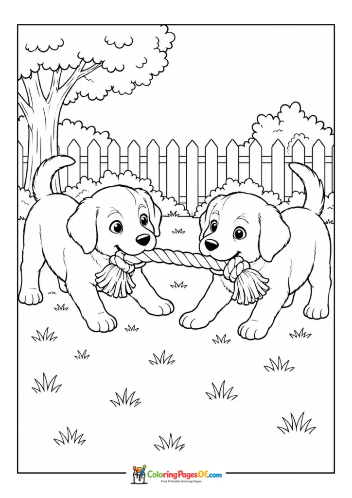 Puppies playing with a rope in the yard coloring page
