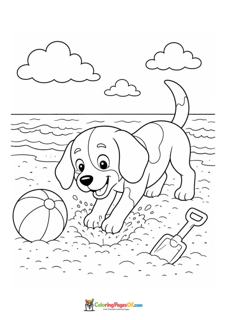 Puppy digging beside a ball on the beach coloring page