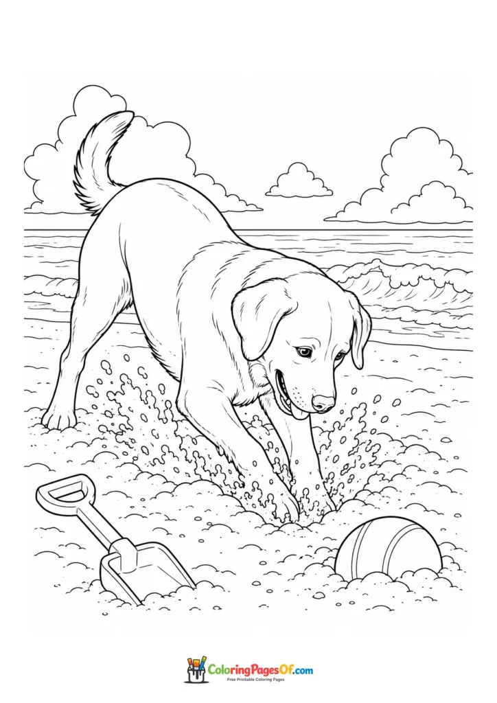 Puppy digging in the sand coloring page