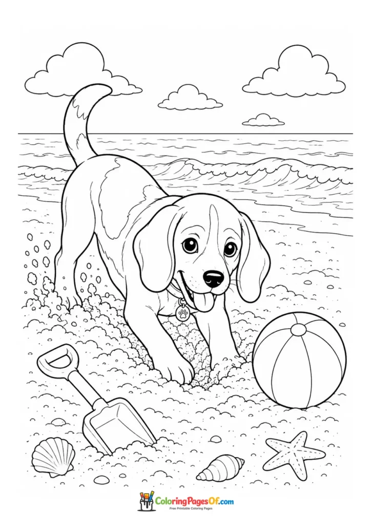 Puppy digging on a beach with a ball coloring page