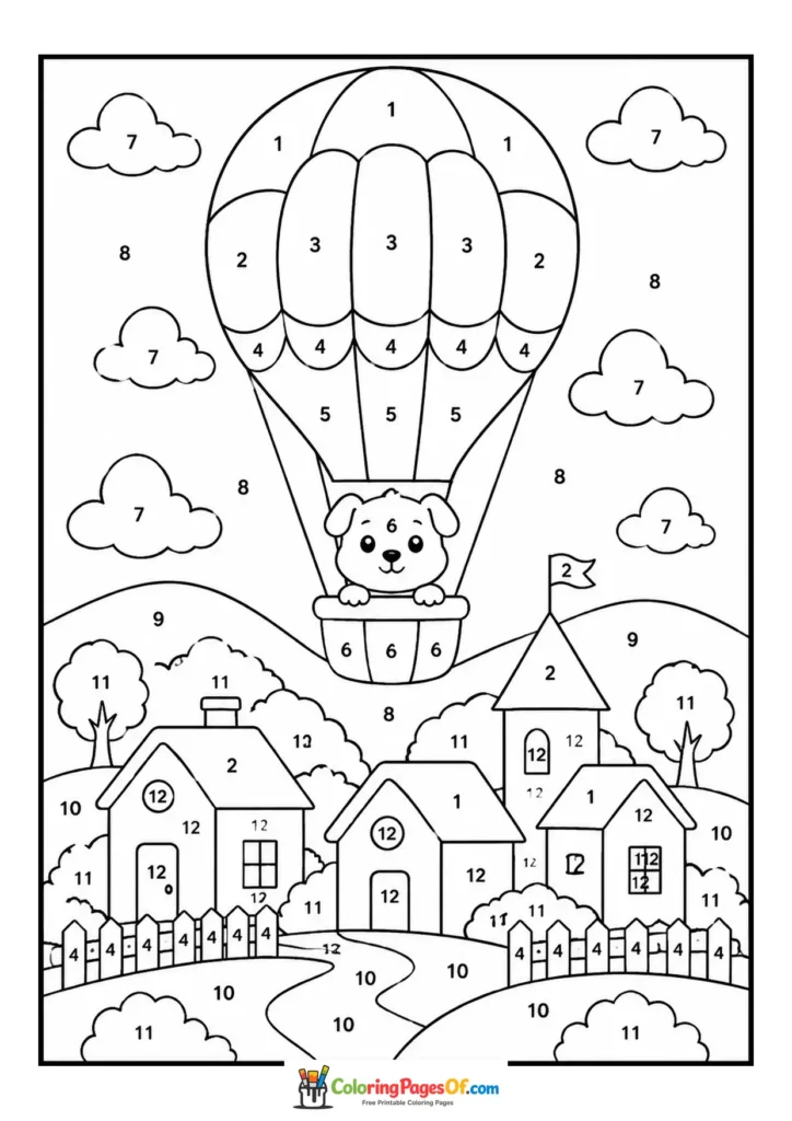 Puppy in Hot Air Balloon color by number coloring page